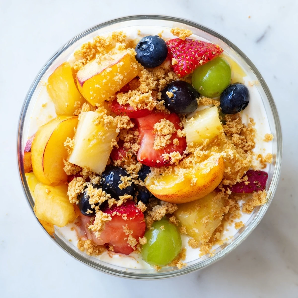 Summer peach cobbler cheesecake salad topped with crispy cinnamon crumbles over colorful mixed fruit