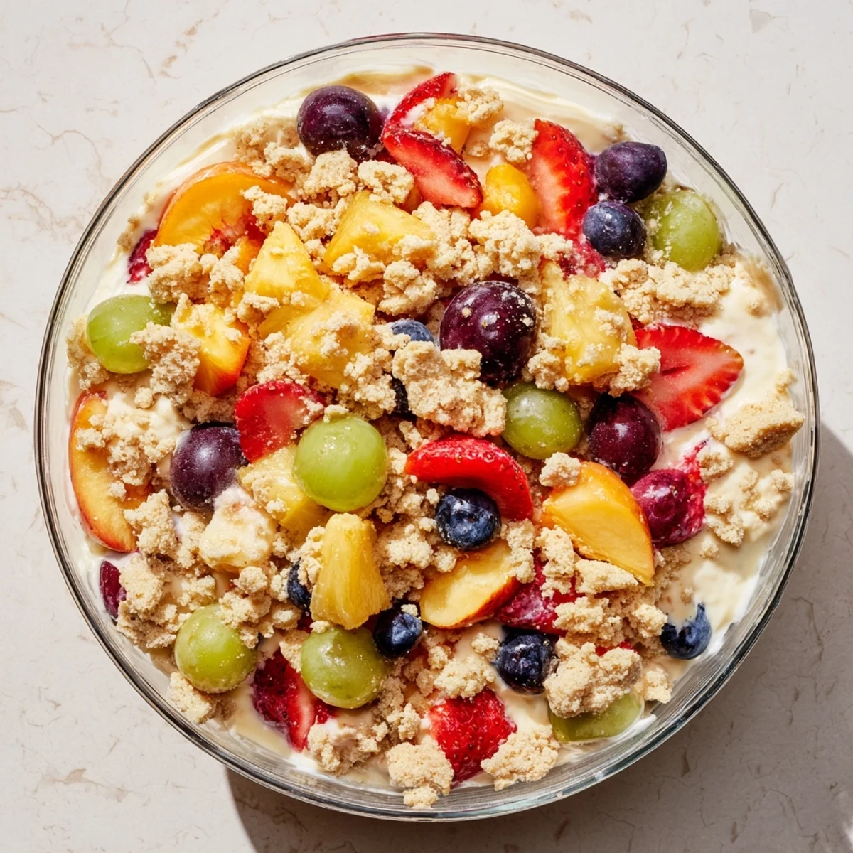Refreshing peach cobbler cheesecake fruit salad featuring juicy peaches, strawberries, and sweet vanilla cream coating