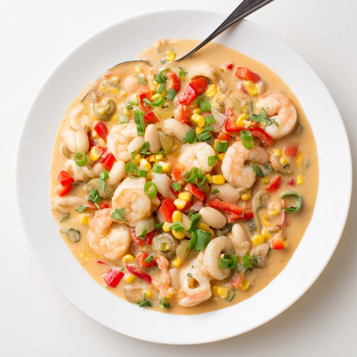 Creamy seafood and shrimp chili bubbling in a white pot with colorful diced peppers and garnishes.