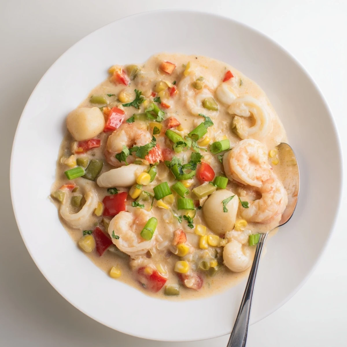 Bowl of creamy seafood and shrimp chili topped with fresh cilantro, green onions, and lime wedge.