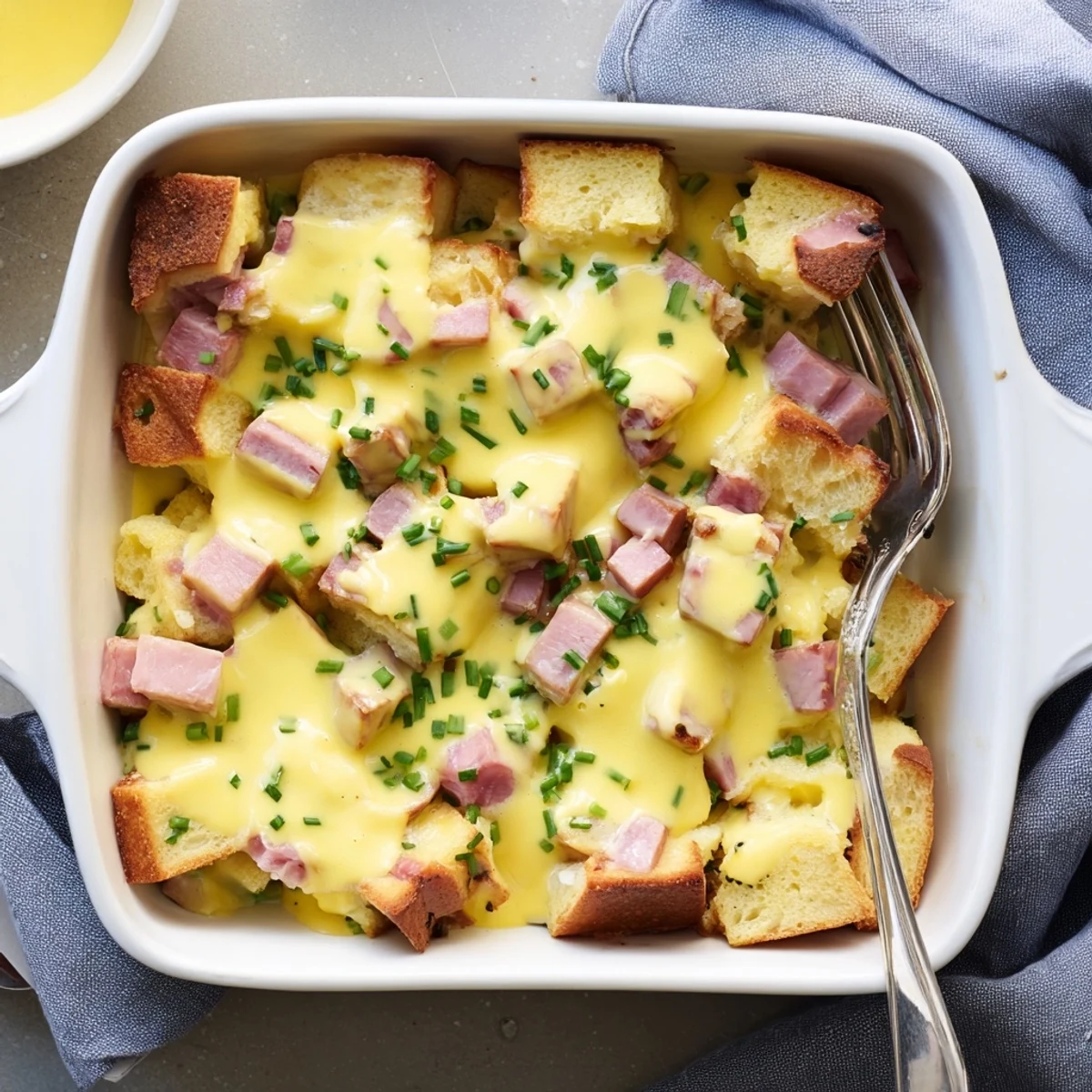 Golden baked Eggs Benedict casserole with drizzled hollandaise sauce and fresh chive garnish