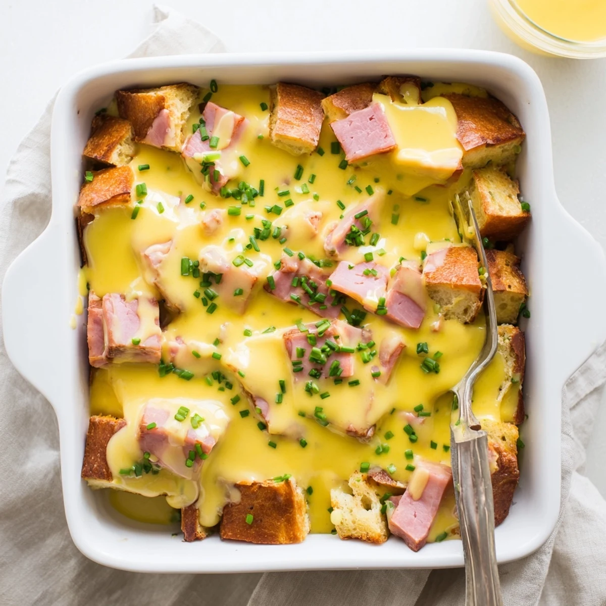 Fluffy egg and Canadian bacon breakfast casserole served with creamy homemade hollandaise