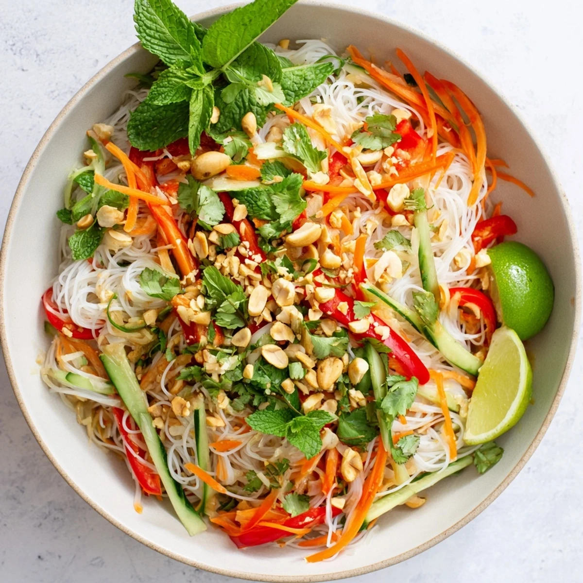 Colorful Vietnamese noodle salad with crisp vegetables and fresh mint topped with crushed peanuts