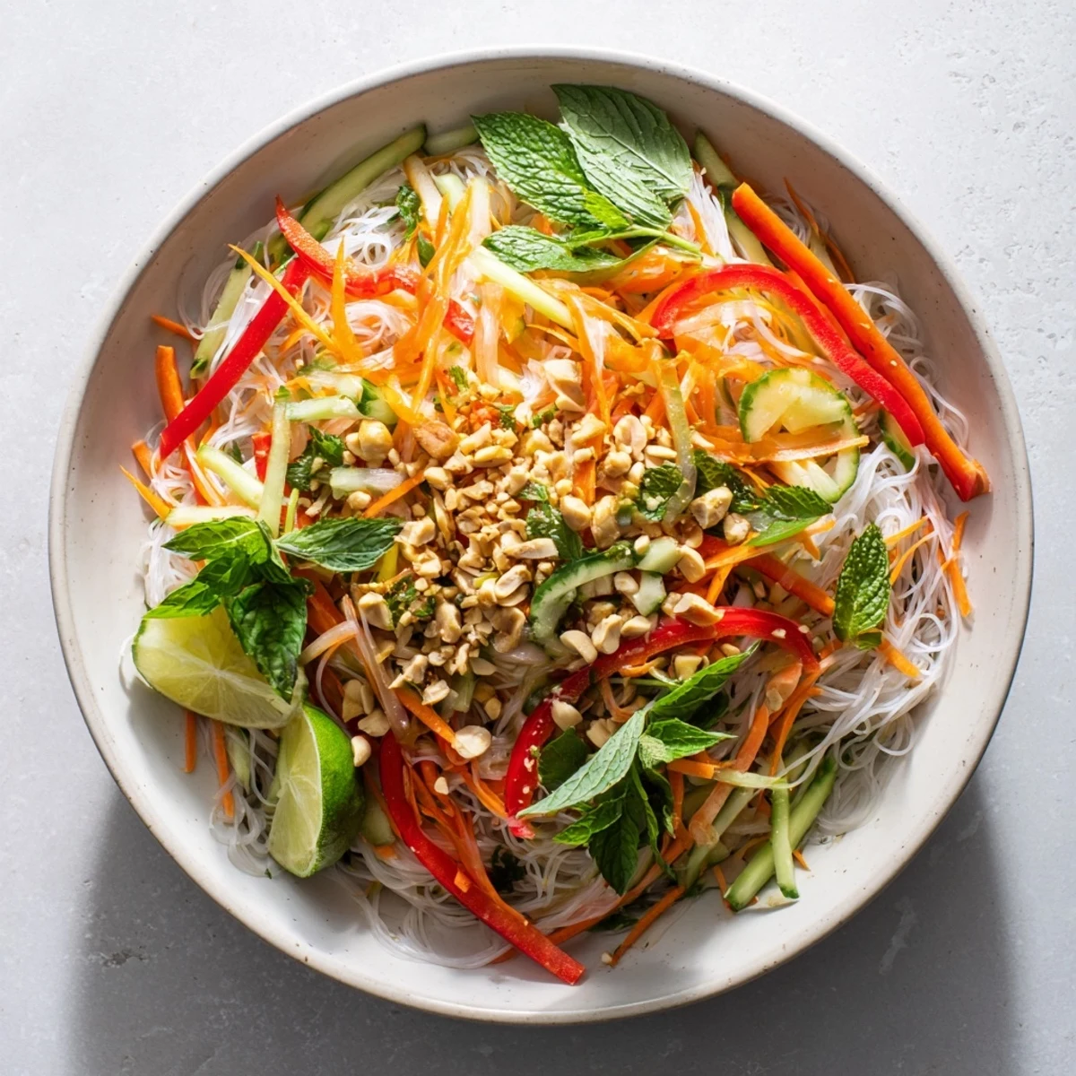 Light Vietnamese noodle salad tossed in zesty dressing and garnished with roasted peanuts and herbs