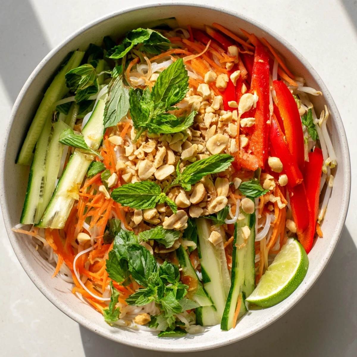 Vibrant rice noodle bowl featuring tangy lime dressing over crunchy cucumber and bell pepper strips