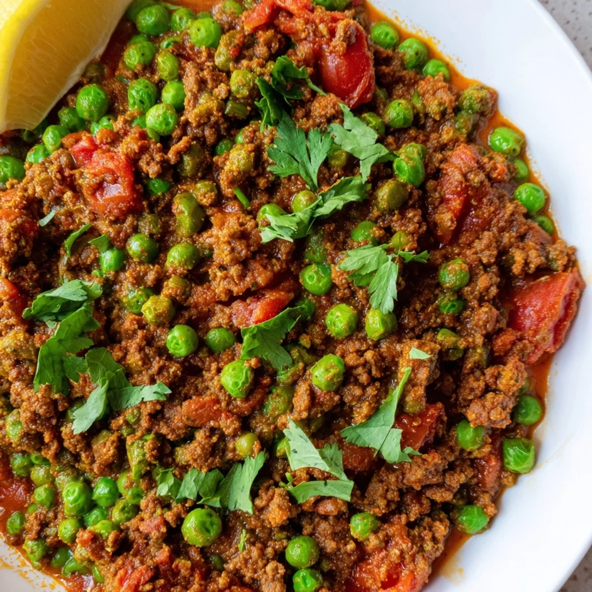 Savory Keema curry featuring tender spiced ground meat with tomatoes and vibrant green peas