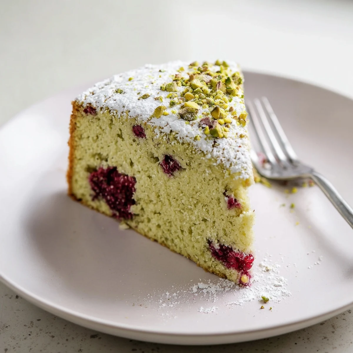 Golden slice of nutty pistachio raspberry cake served on white plate with whipped cream