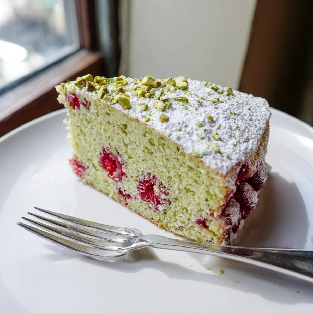 Moist pistachio raspberry cake with fresh berries and powdered sugar dusting on top