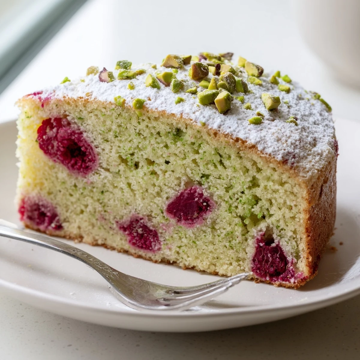 Homemade pistachio raspberry cake featuring vibrant red raspberries and green nut crumb interior