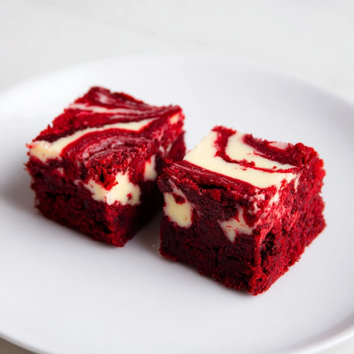 Decadent red velvet brownie bites topped with swirled cream cheese frosting on a white plate