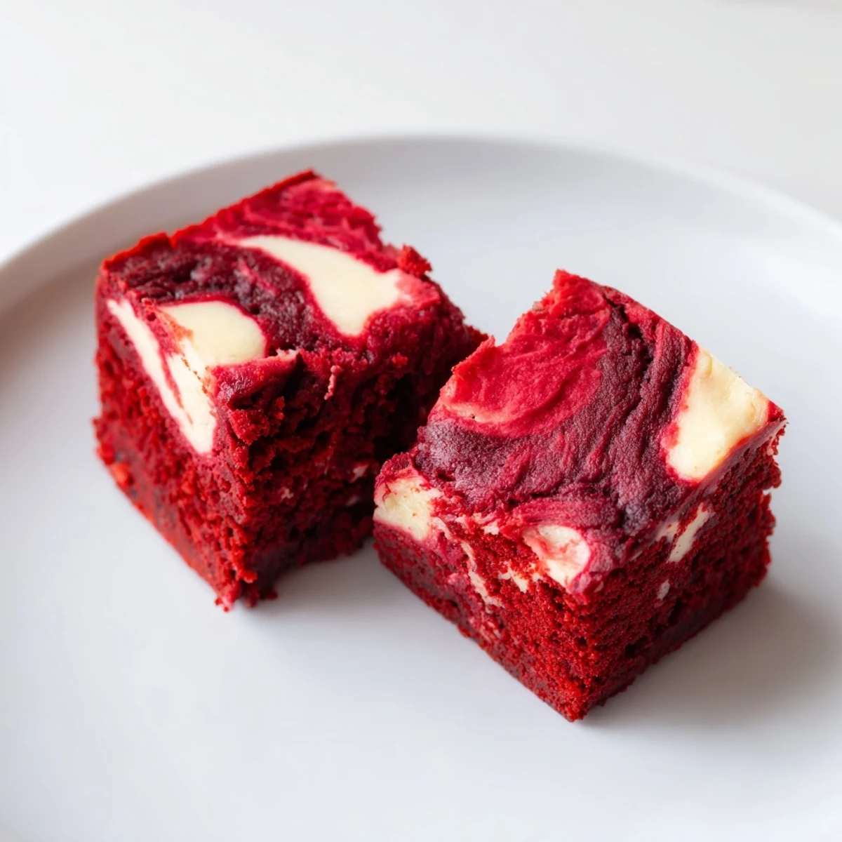 Fudgy red velvet brownie bites with creamy marbled cream cheese topping arranged on serving platter