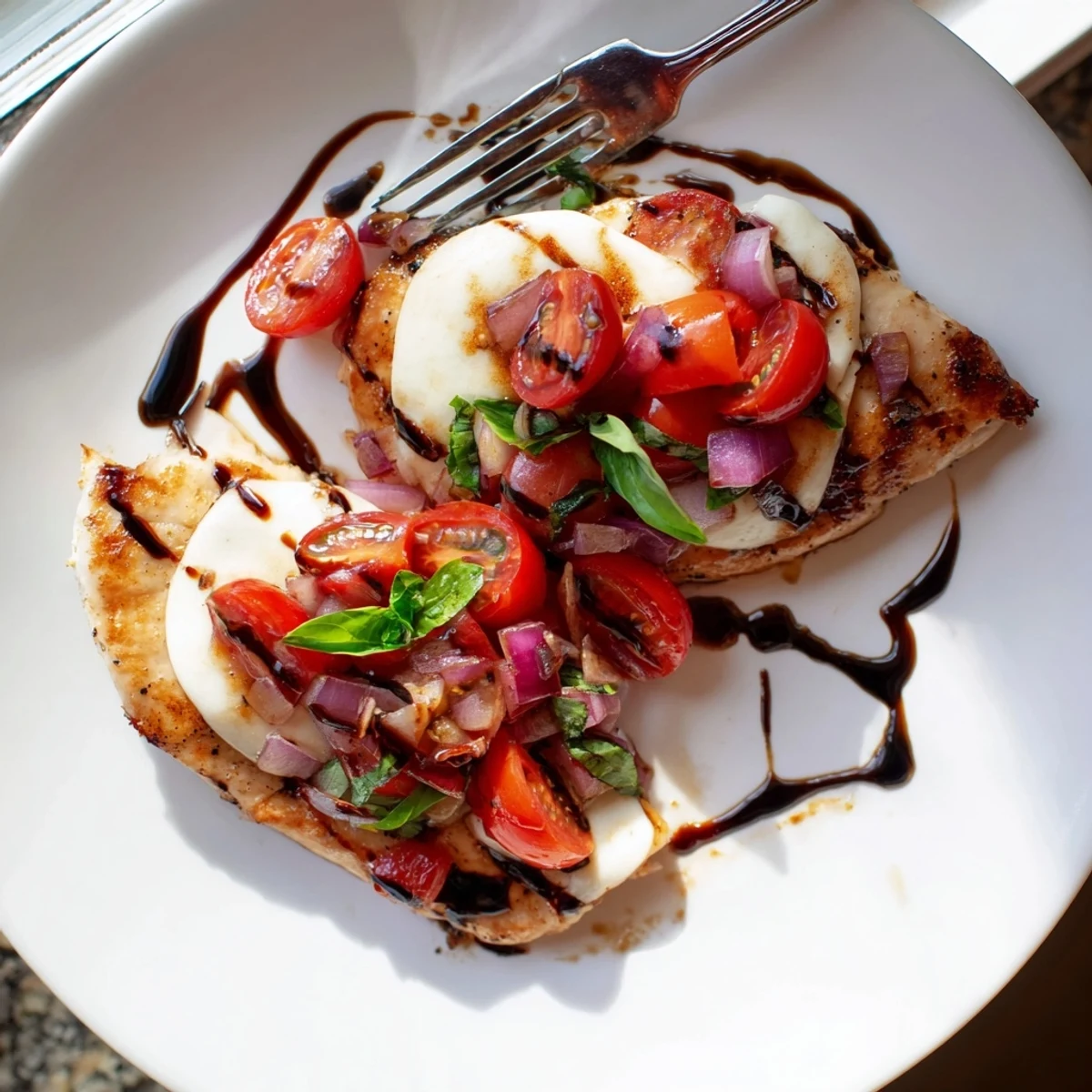 Golden brown chicken breast topped with melted mozzarella and colorful tomato bruschetta mixture
