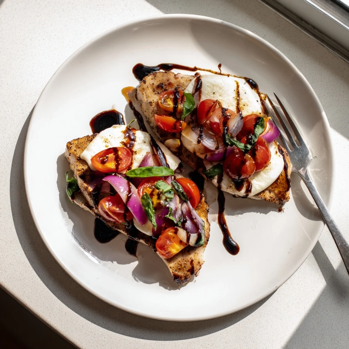 Baked Mozzarella Bruschetta Chicken featuring juicy diced tomatoes and fresh basil garnish