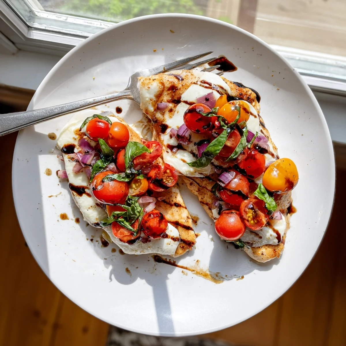 Savory chicken breasts baked with bubbly mozzarella cheese and vibrant Italian tomato topping