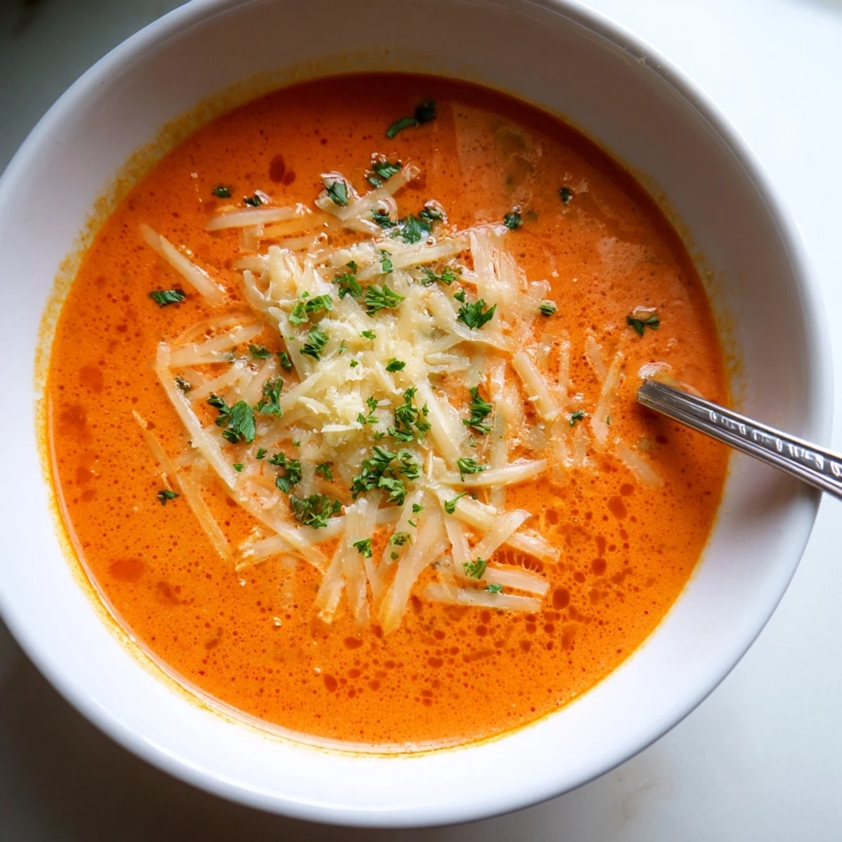 Creamy roasted red pepper Gouda soup garnished with fresh parsley in a white bowl