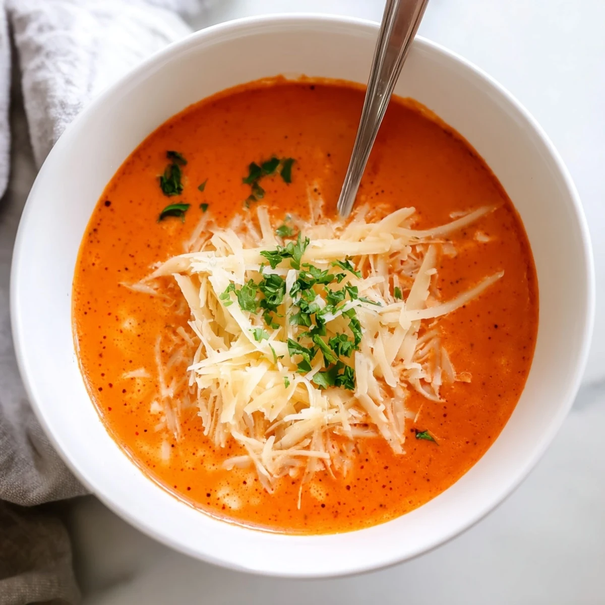 Smooth orange-red roasted red pepper soup topped with shredded melted Gouda cheese