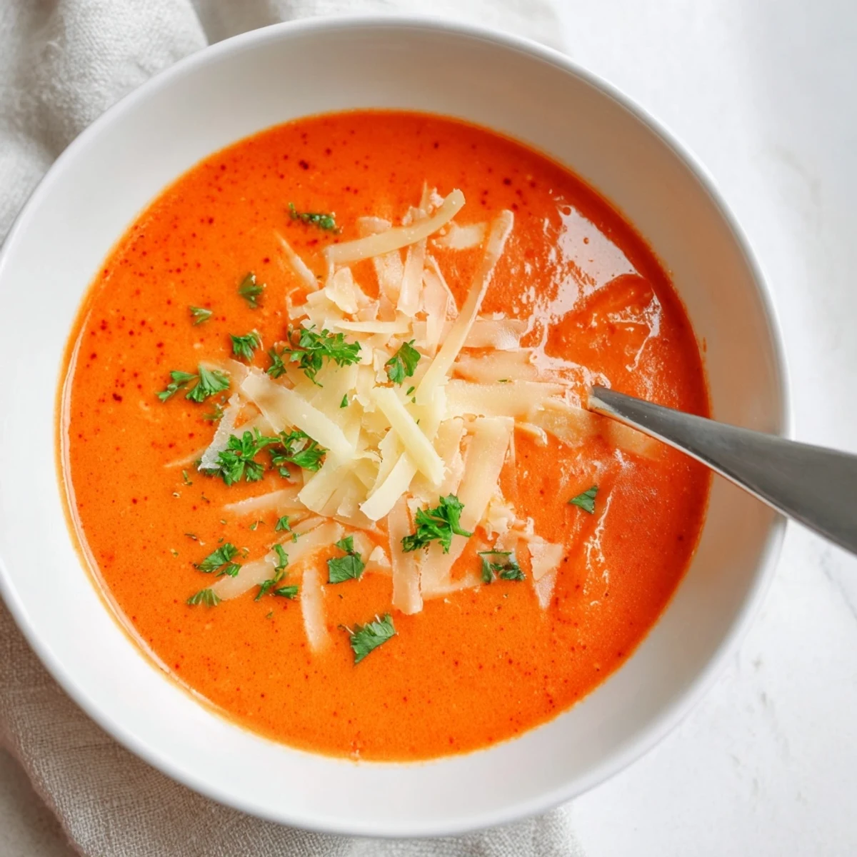 Velvety red pepper and smoked Gouda soup served with crusty bread for dipping