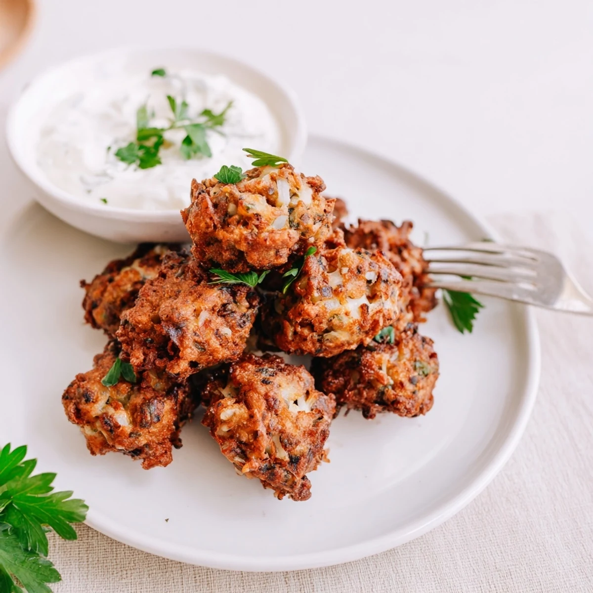 Crispy pan-fried chicken fritters with melted cheese and homemade garlic sauce for dipping