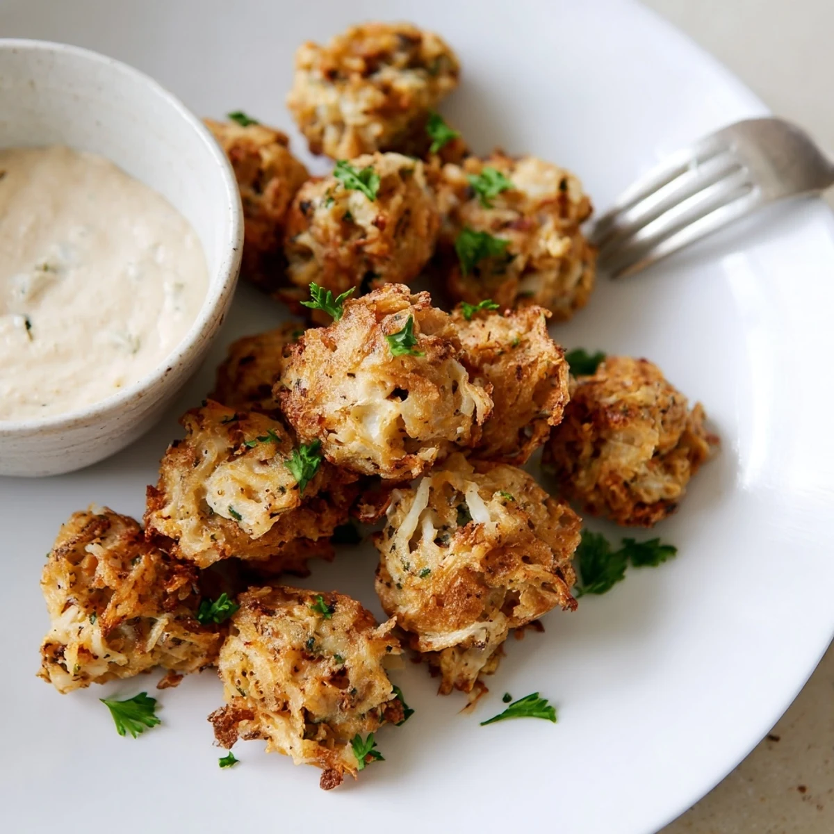 Golden brown cheesy chicken fritters served with a side of creamy garlic aioli dip