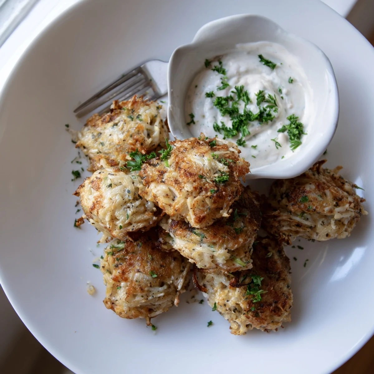 Plate of warm cheesy chicken fritters alongside a bowl of smooth garlic aioli
