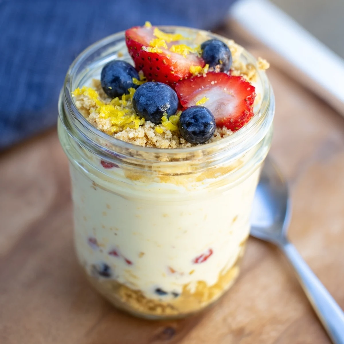 Mason jar filled with zesty lemon cheesecake overnight oats topped with fresh raspberries and graham cracker crumbs