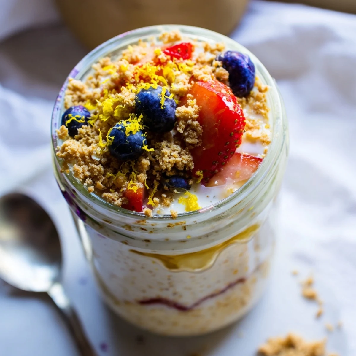 Creamy overnight oats with lemon cheesecake flavor garnished with blueberries and bright lemon zest swirls