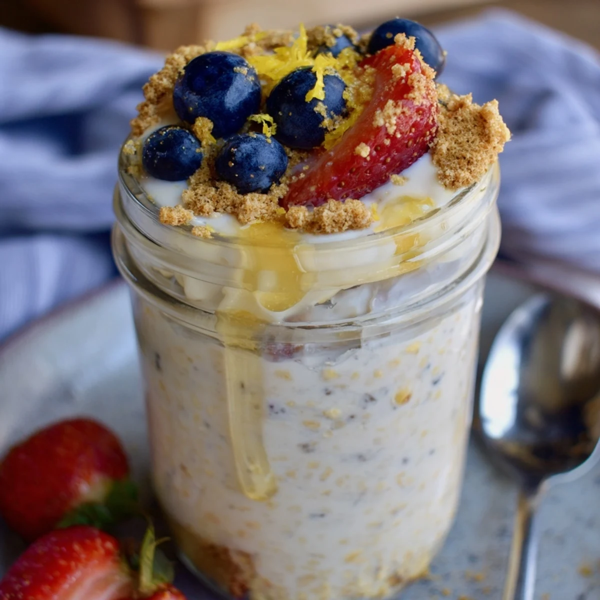Glass jar of lemon cheesecake overnight oats layered with Greek yogurt and topped with juicy strawberries