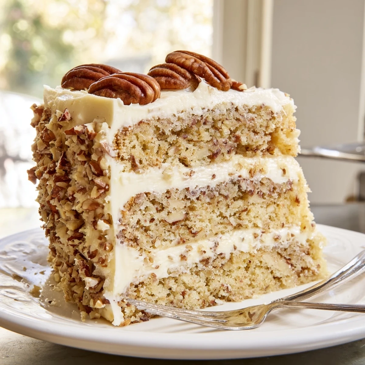 Moist butter pecan cake slice showing buttery crumb texture and chopped pecans throughout
