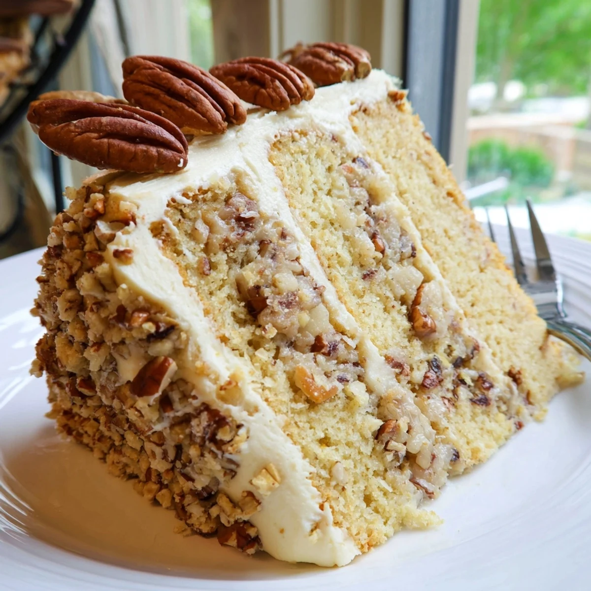 Golden butter pecan cake layered with creamy frosting and topped with toasted pecans