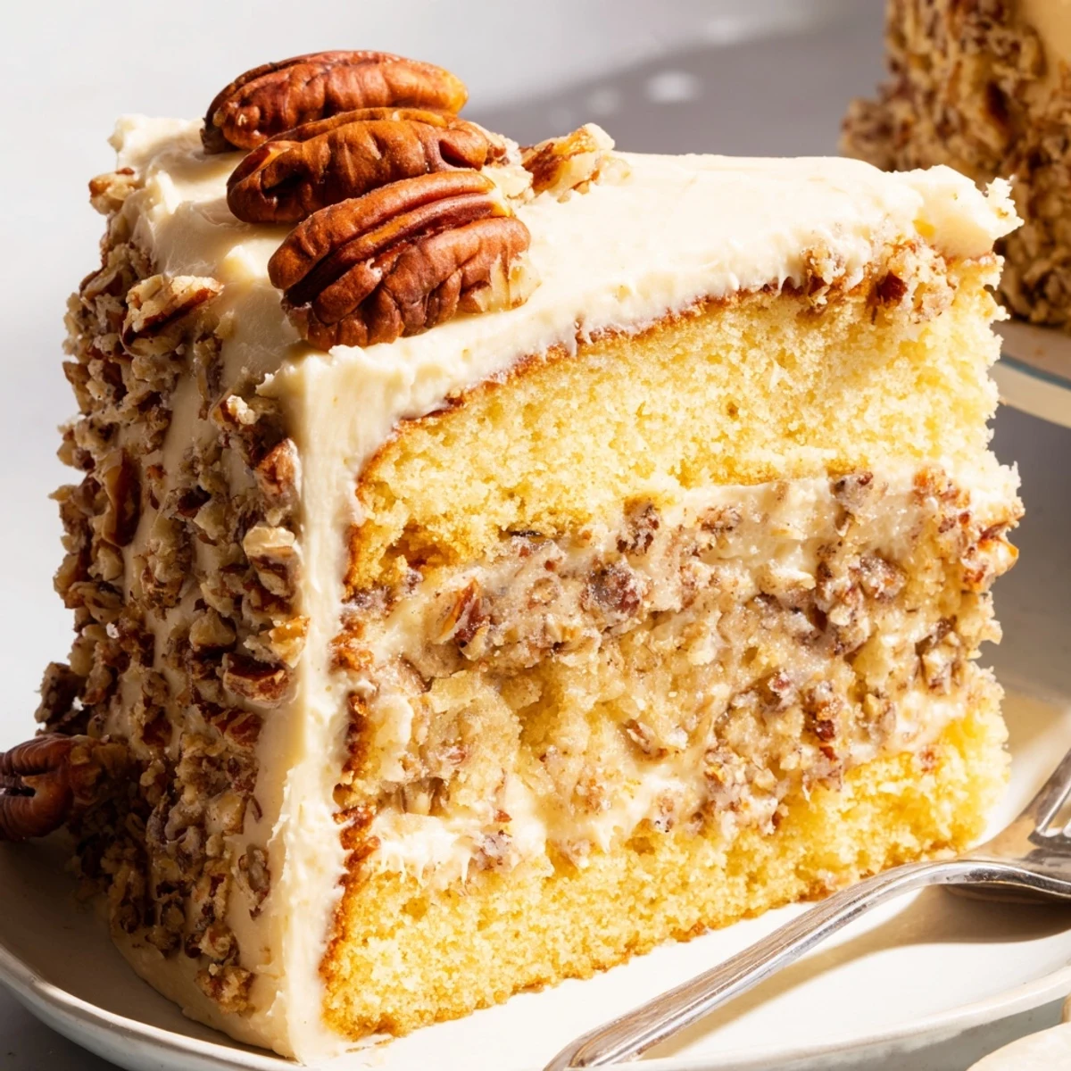 Decadent three-layer butter pecan cake frosted with buttercream and garnished with pecan halves