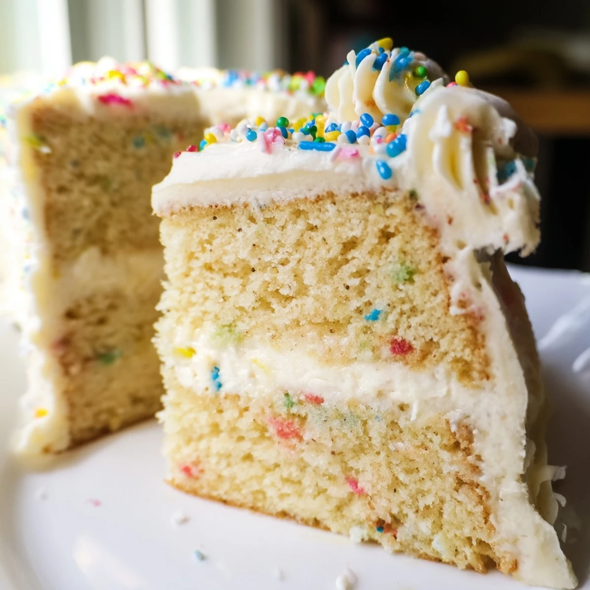 Slice of vanilla bean birthday cake topped with creamy swirls of buttercream