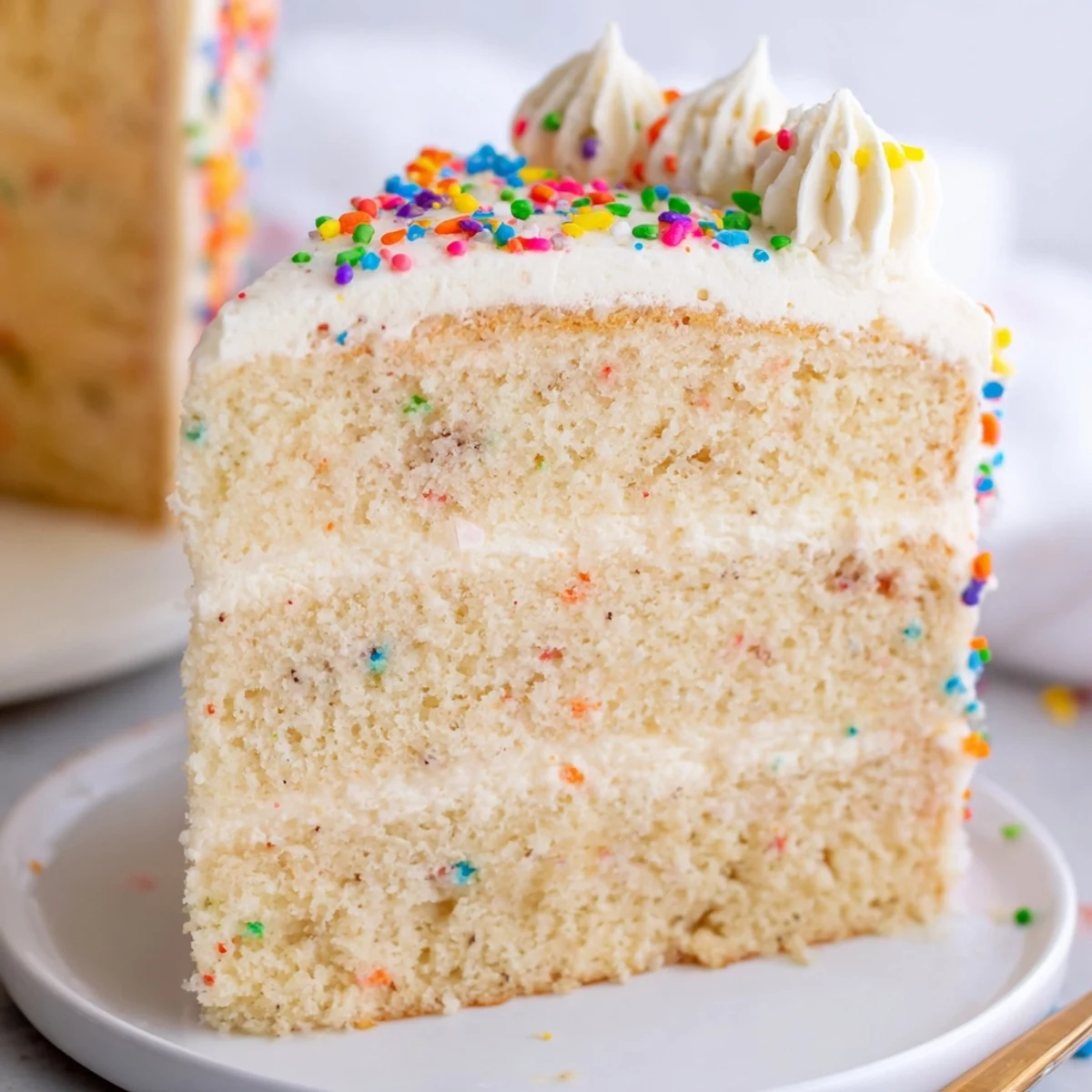 Celebration vanilla bean birthday cake decorated with smooth buttercream and colorful sprinkles