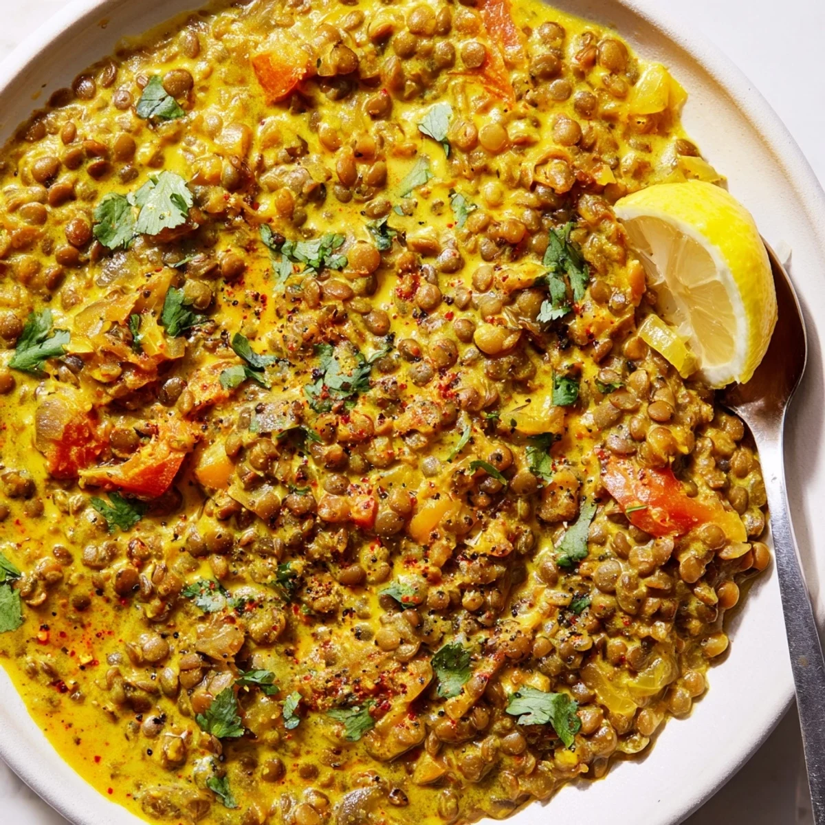 Creamy Greek yogurt lentil curry served in a white bowl with fresh cilantro garnish and steamed basmati rice
