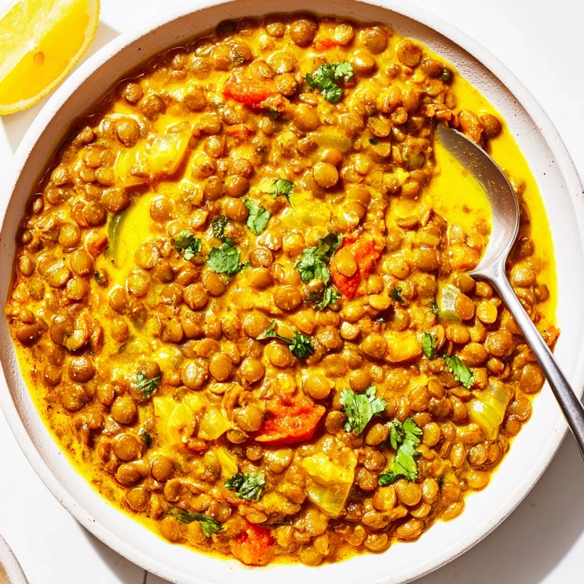 Hearty Greek yogurt lentil curry featuring tender lentils in a rich aromatic sauce with wilted spinach and fresh herbs