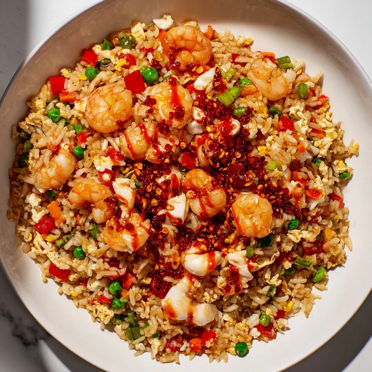 Golden fried rice tossed with pink shrimp, crab pieces, and vibrant red chili oil drizzle