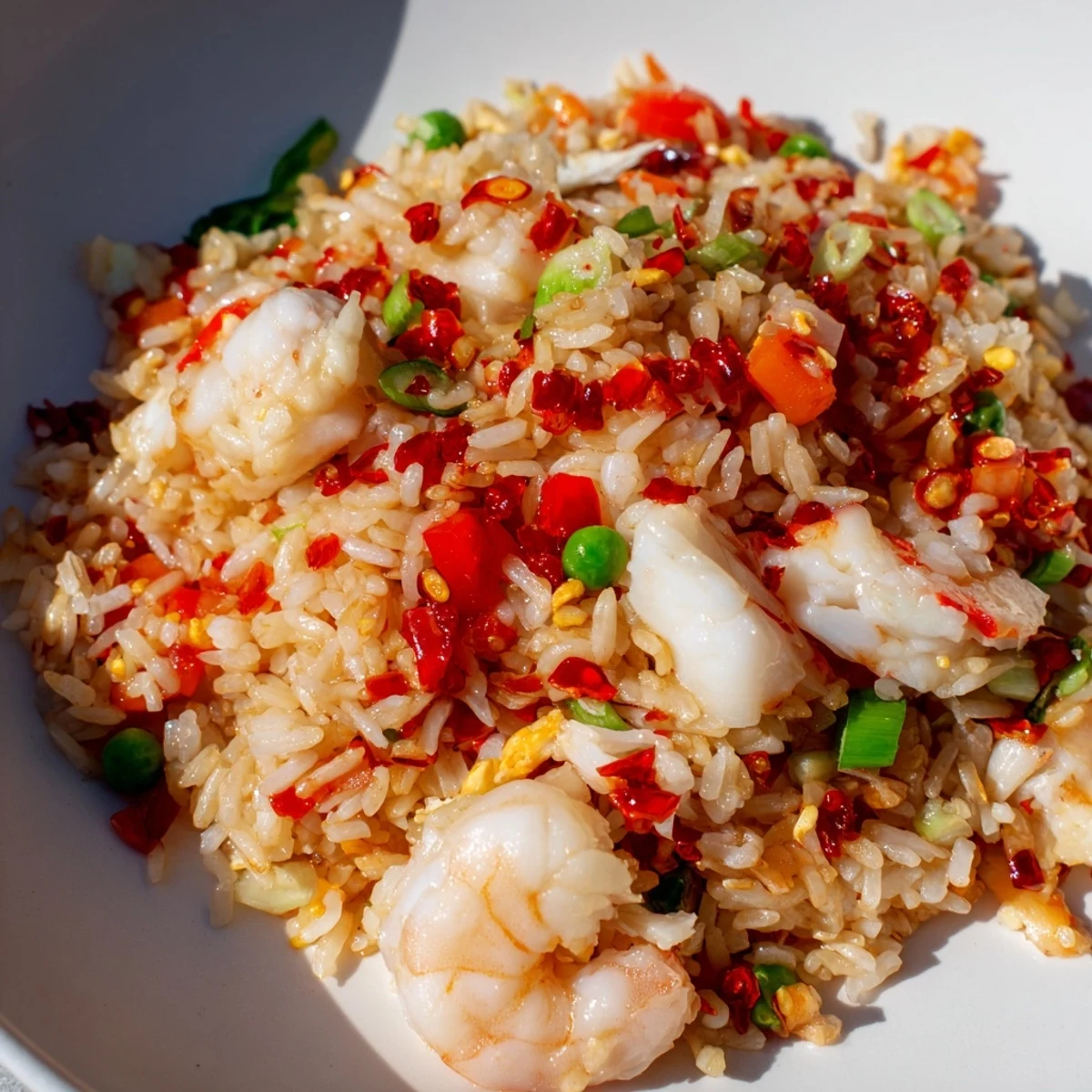 Steamy bowl of spicy crab and shrimp fried rice garnished with fresh green scallions