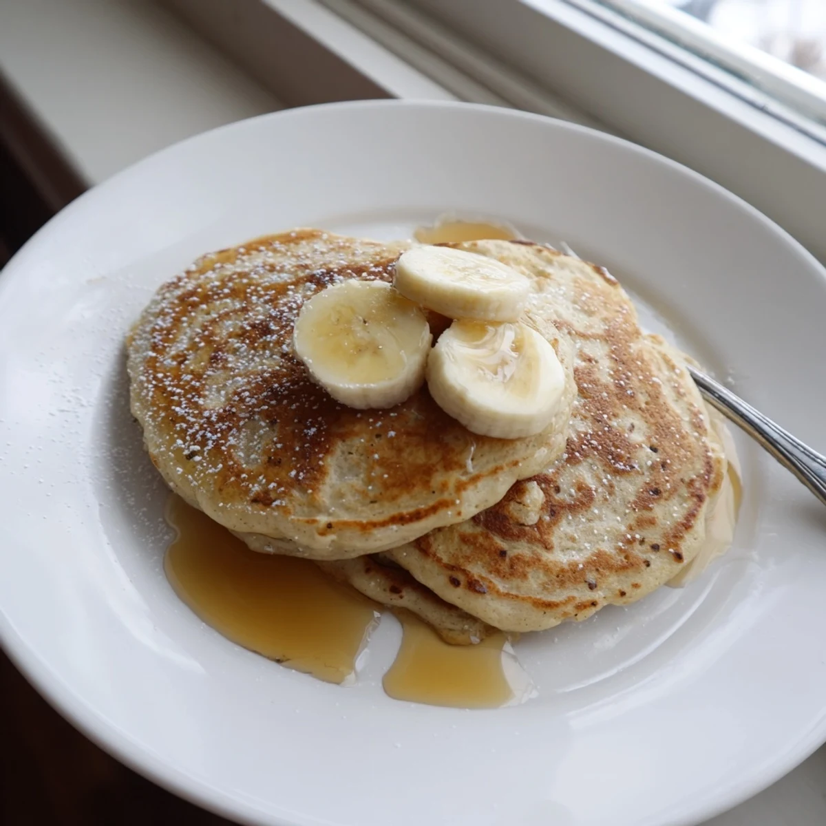 Fluffy stack of Greek yogurt banana pancakes topped with fresh banana slices and maple syrup