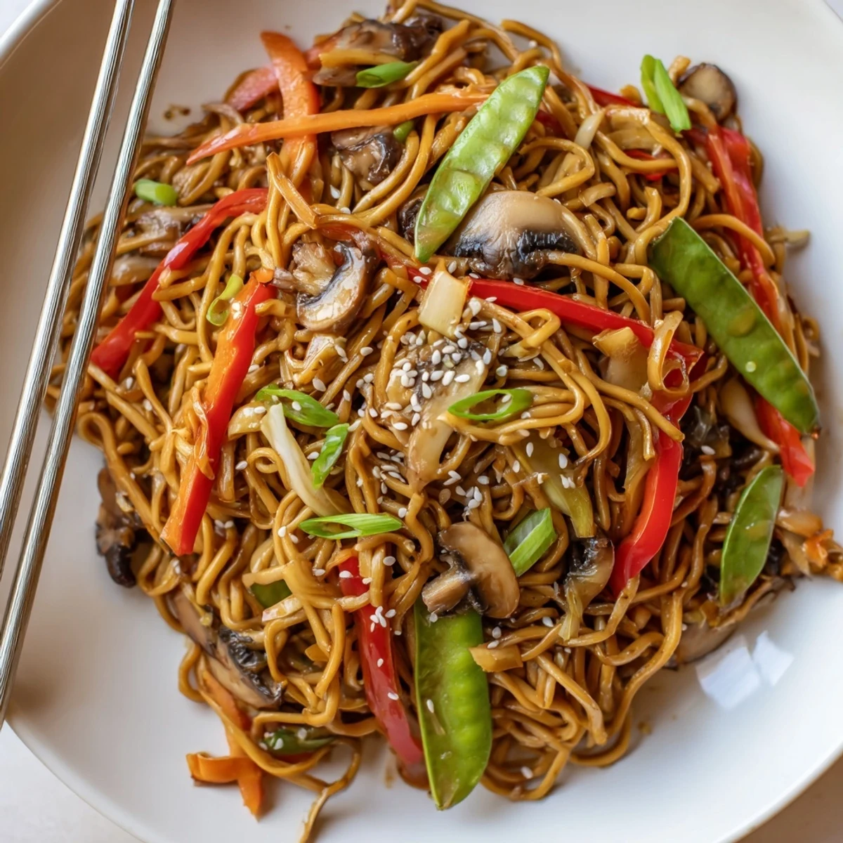 Steaming garlic mushroom chow mein noodles tossed with crisp vegetables in a dark savory sauce