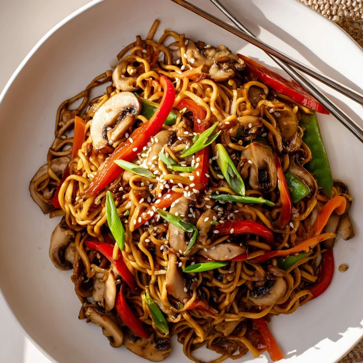 Plate of vegetarian garlic mushroom chow mein garnished with sesame seeds and fresh spring onions