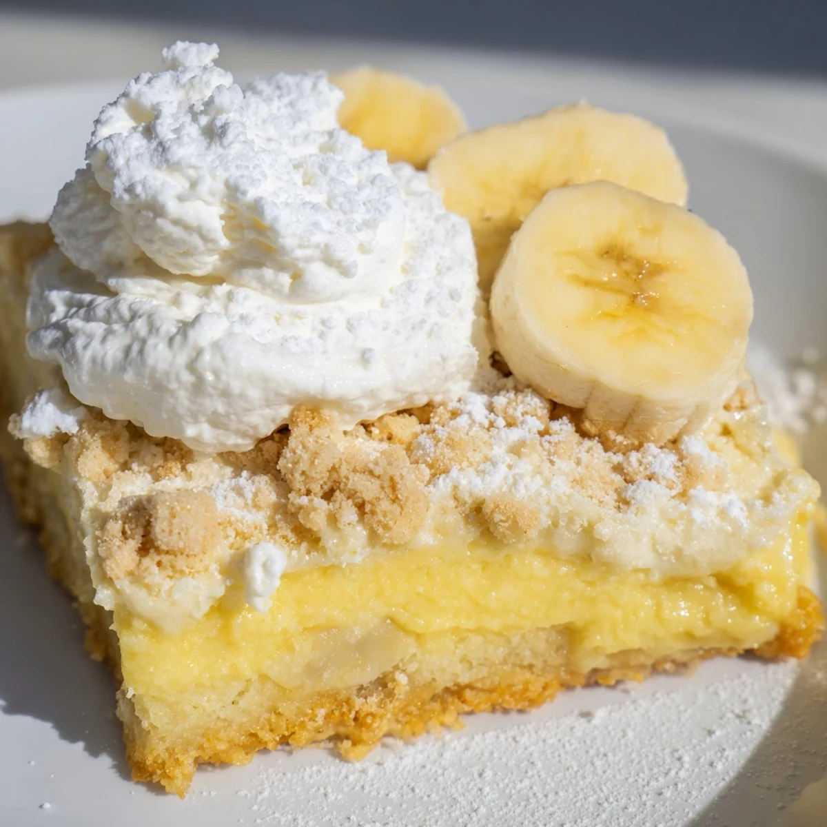 Golden brown Southern Banana Pudding Cheesecake Dump Cake topped with fluffy whipped cream and fresh banana slices