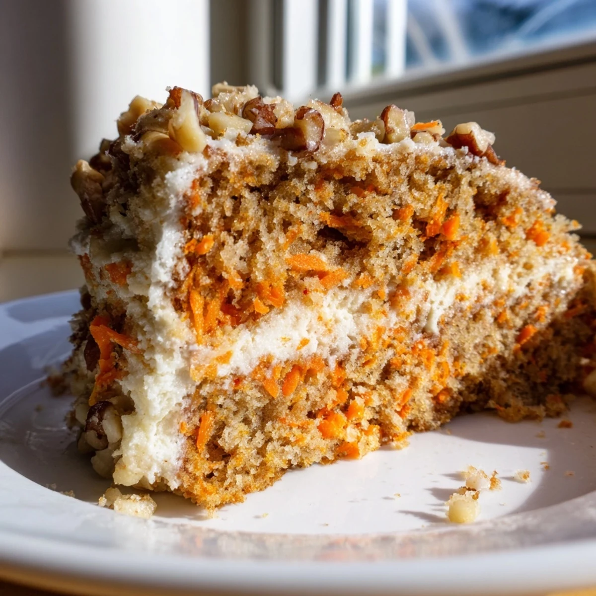 Spiced carrot cake made healthier with Greek yogurt, topped with powdered sugar and chopped walnuts