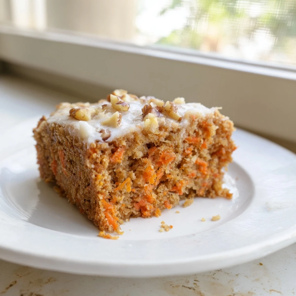 Slice of tender carrot cake featuring Greek yogurt, cinnamon, nutmeg, and optional cream cheese frosting
