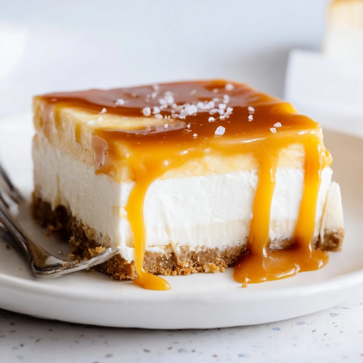 Golden caramel cheesecake bars with graham cracker crust drizzled with glossy amber sauce