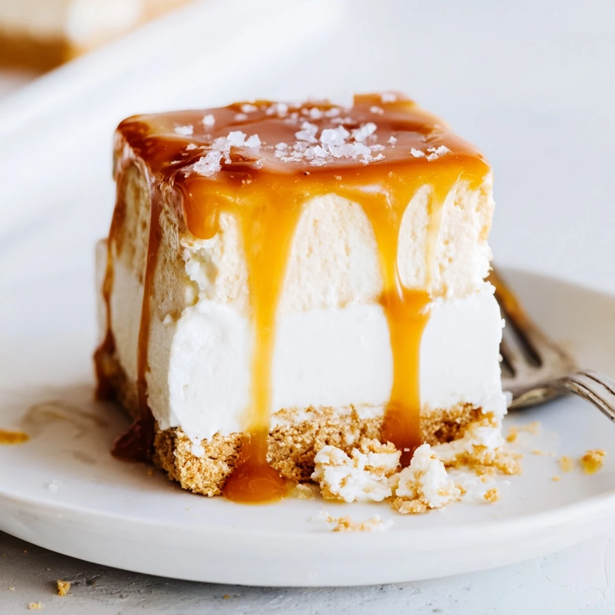 Creamy caramel cheesecake squares on buttery crust topped with rich caramel glaze