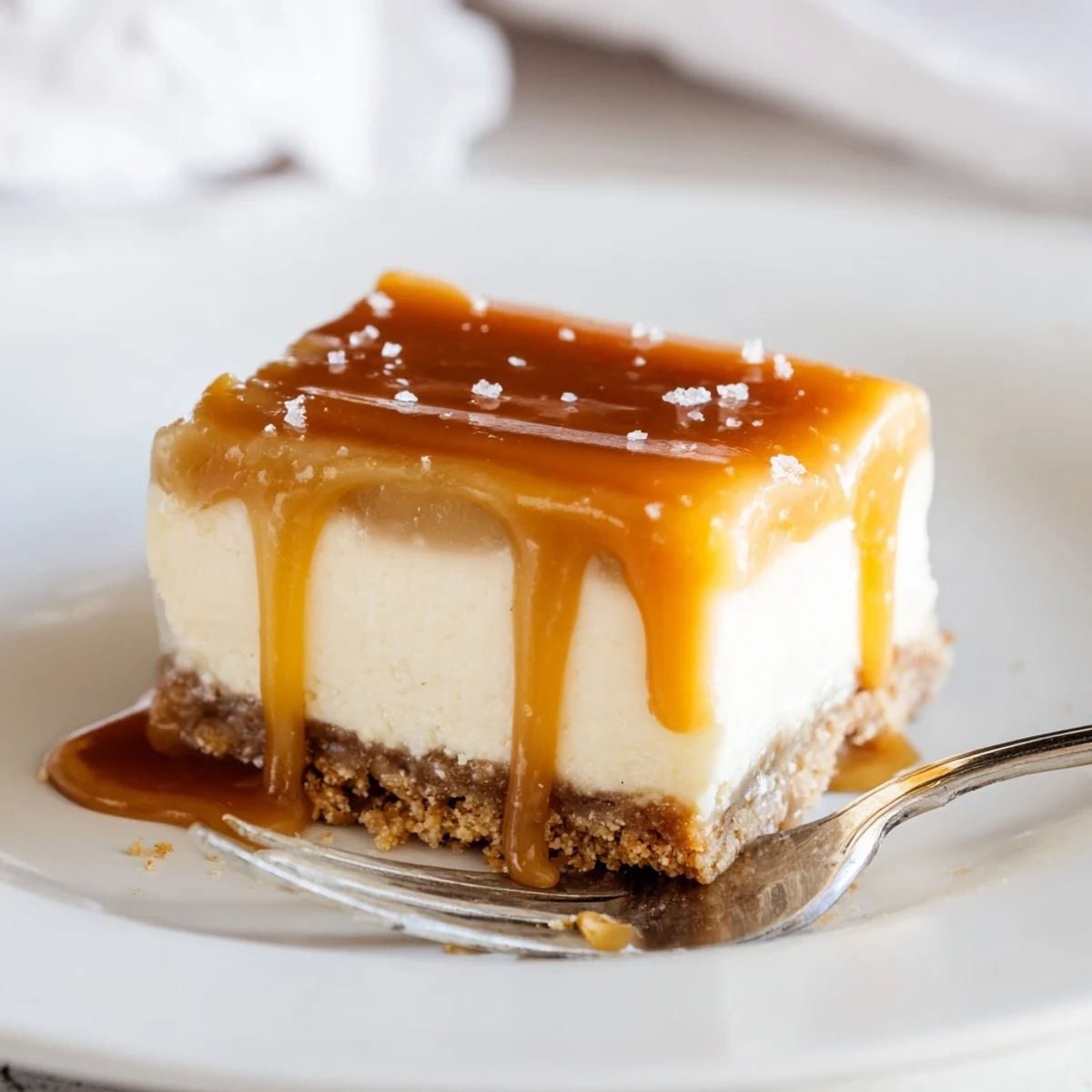 Decadent caramel cheesecake bars featuring smooth filling and caramel layer on graham base