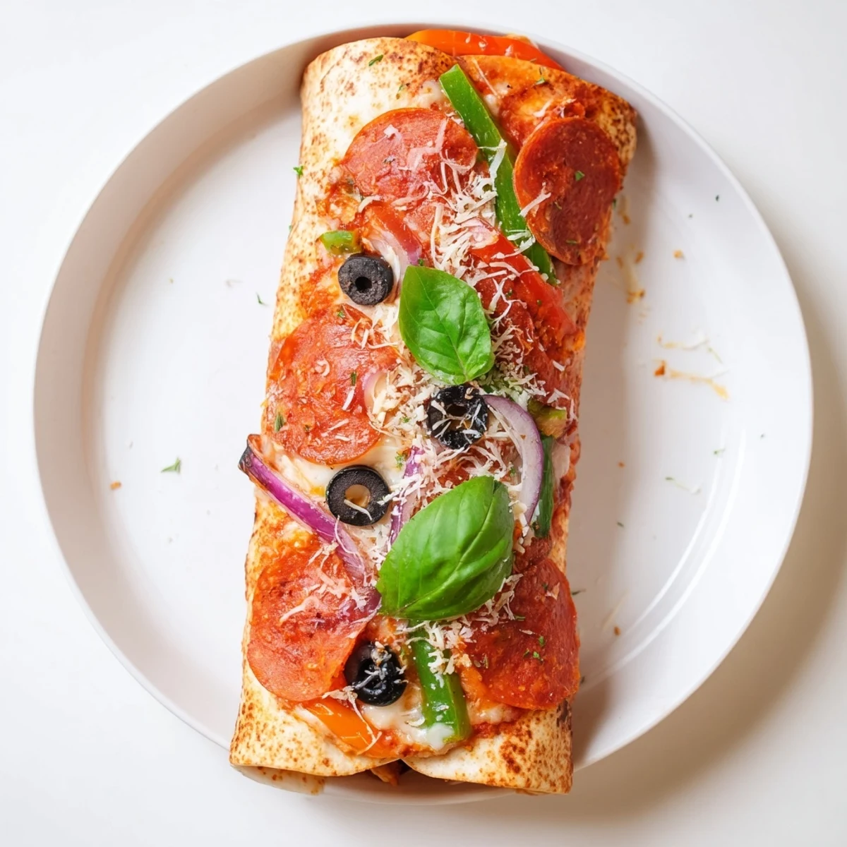 Golden brown oven baked pizza burritos with melted mozzarella and pepperoni on a white plate