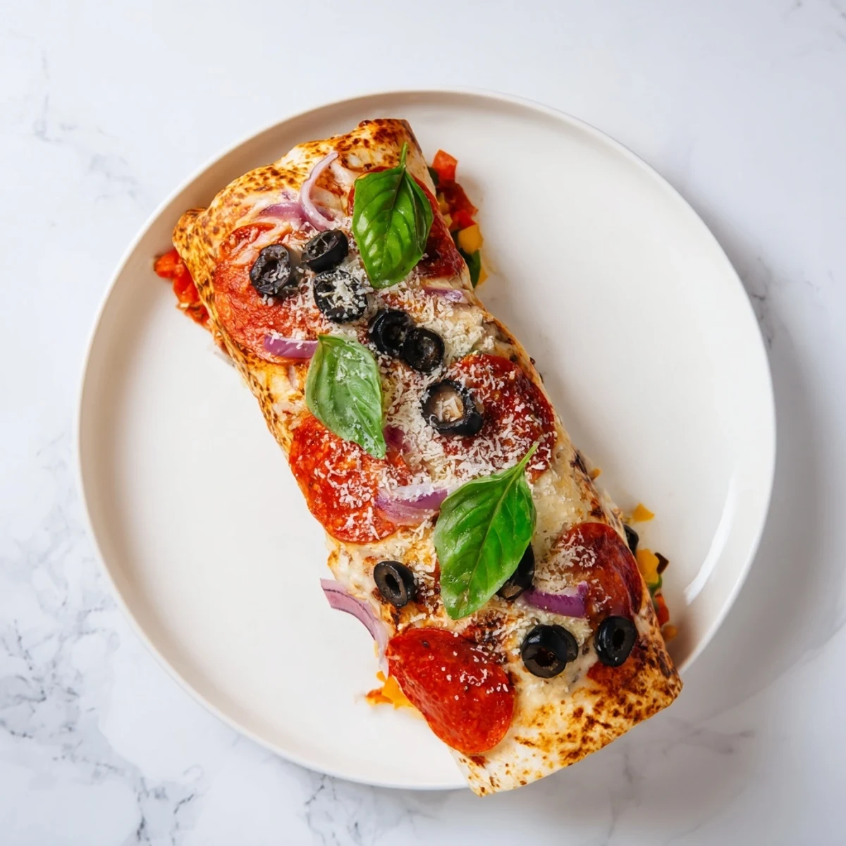 Crispy air fried pizza burritos sliced open revealing colorful bell peppers and olives inside