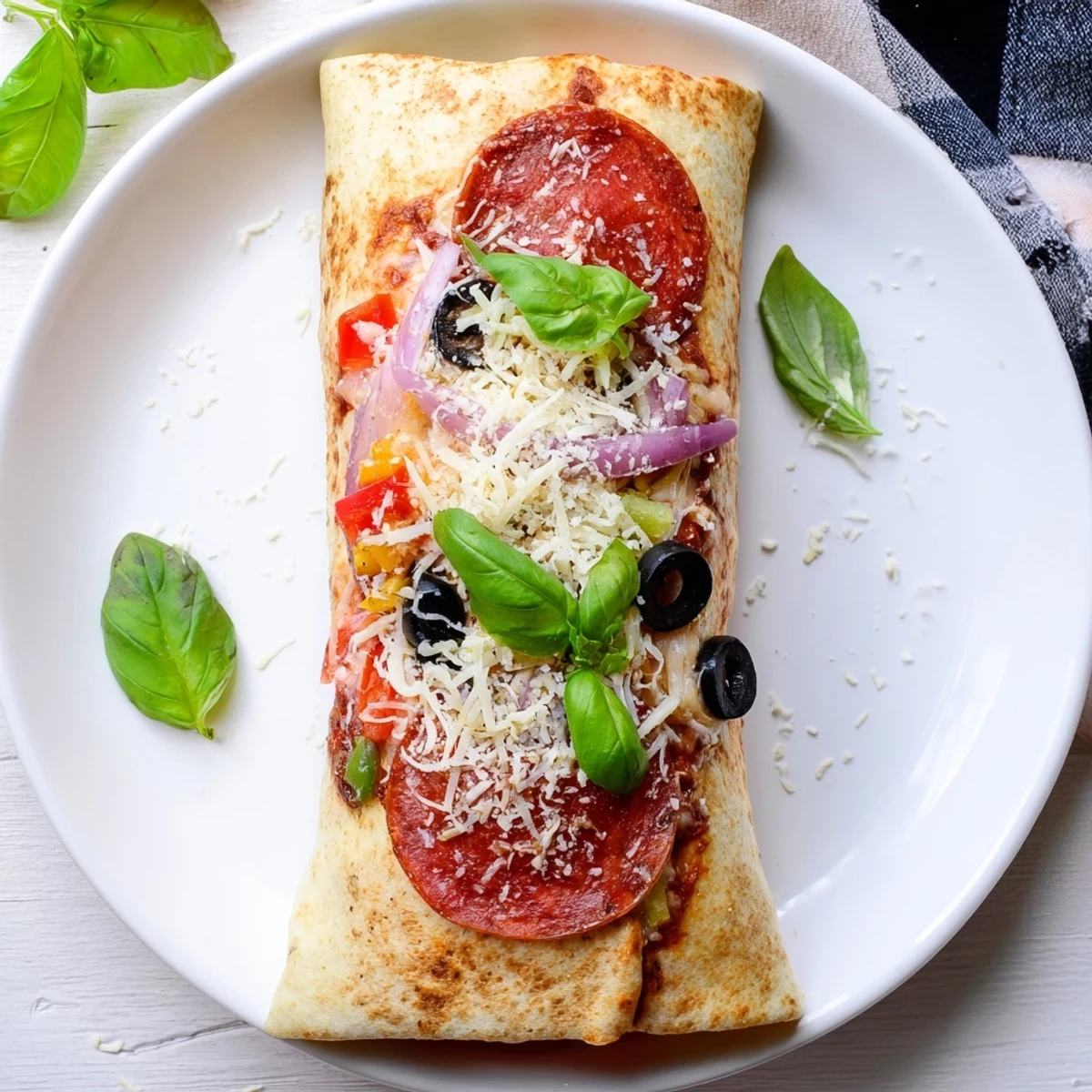 Pizza burritos fresh from the oven sprinkled with Parmesan and fresh basil leaves