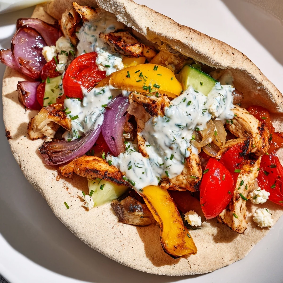 Golden roasted chicken and colorful peppers stuffed inside warm pita bread drizzled with creamy herby ranch sauce