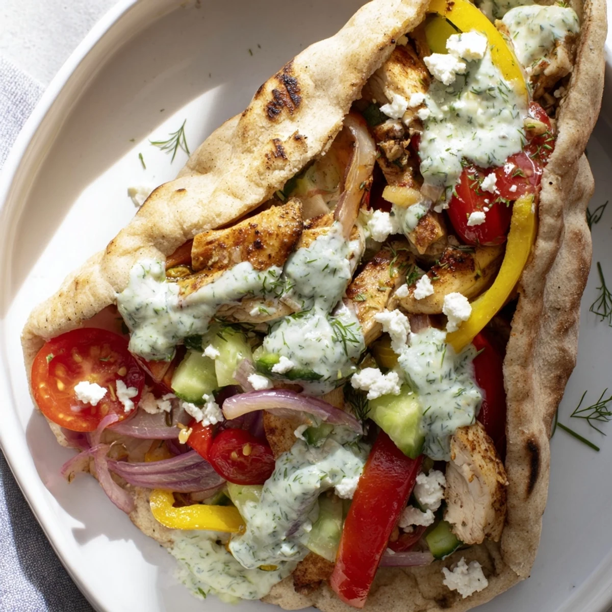 Sheet pan chicken pitas loaded with tender vegetables and fresh herbs topped with tangy white ranch dressing